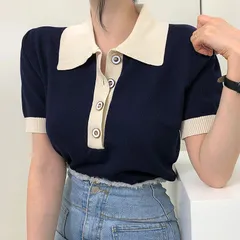ポロシャツ 半袖 ニット Tシャツ 春新作 デザイン カラー ブロック 体型カバー レディース M250228-253