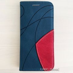 iPhone SE3 SE2 8 7 SE (第2世代/第3世代) ケース スマホ 手帳型 カードケース ツートンカラー 裏止め 曲線模様 幾何学 ネイビー 紺 紺色 アイフォン