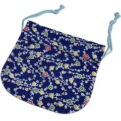 ポーチ 巾着 和柄（紺色 小花）小物  縮緬 友禅 ちりめん コンパクト 収納