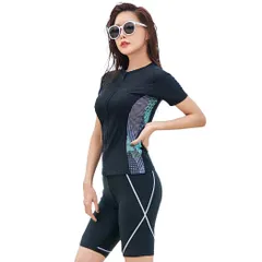 [Teddy] フィットネス 水着 レディース セパレート 半袖ラッシュガード 水泳帽子 3点セット hys2401-D