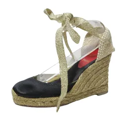 クリスチャンルブタン Christian louboutin サンダル ウェッジソール レースアップ 靴 ブラック ゴールド系 35 約22cm IBO58 X