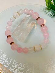 クラック水晶、ピンクジェイド（紅翡翠・ひすい）、ホワイトジェイド（白翡翠・ひすい）ブレスレット