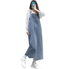 【新着商品】[Ishihara liacceai] サロペットスカート レディース ロング丈 デニム ワンピース オールインワン 重ね着 ジャンパー ノースリーブ スリット ゆったり ポケット付き ブルー M-XL 通勤 春 秋 冬