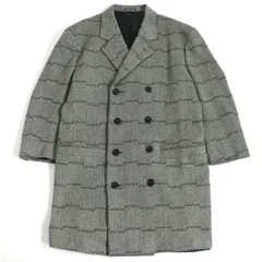 美品□ヴェルサーチ ヴィンテージ シェブロンストライプ/ヘリンボーン ウール×カシミヤ ダブルブレスト チェスターコート 黒 48 伊製のサムネイル