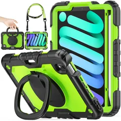 【在庫セール】リングハンドル耐衝撃ケース Pro/mini6 iPad iPad mini第7/6世代8.3インチ（2024/2021）専用 A17 ペン収納 mini ショルダーストラップ stock 保護フィルム付きフレーム(グリーン+ブラック) SEYM