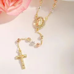 Aurora Sancta ローズクォーツ ロザリオネックレス レディース 十字架 クロスペンダント ピンク×ゴールド 上品 ギフト対応