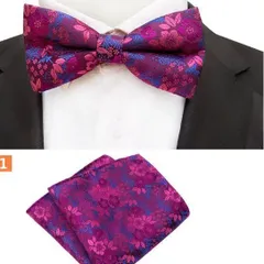 蝶ネクタイ　ポケットチーフ　花柄　2点セット　ワンタッチ ネクタイ 結婚式 パーティー イベント スーツ パープル 紫　レッド 赤　ネイビー 青
