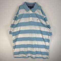 古着 トミーヒルフィガー TOMMY HILFIGER 鹿の子 半袖 ポロシャツ ロゴ 刺繍 大きいサイズ 2ボタン XXL  水色系 ボーダー メンズ