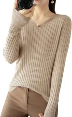 グリーンパキラ セーター レディース リブニット トップス vネックセーター 長袖 カットソー オフィスカジュアル プルオーバー ファッション 服 レディースカットソー(ベージュ,  L)