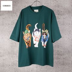 新品 CORISCO コリスコ ネコ ねこ 猫 プリント Tシャツ 半袖 メンズ レディース ユニセックス かわいい アニマル プリント カットソー 子猫 cat 3匹 バックプリント Tシャツ tee M L LL グリーン 緑  181927
