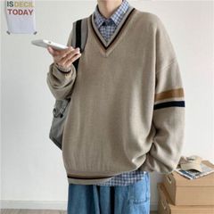 韓国 メンズ Vネック ニット セーター オーバーサイズ 学生 ベージュ 大人気