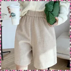 送料無料 ウール風ハーフパンツ５分丈ワイドパンツ レディース ハイウエストショートパンツ ウエストゴム 無地半ズボン オフィスカジュアル シンプルショーパン 着やせ春秋冬 美脚脚長 ボトムス 体型カバーパンツ黒 スラックス 短パン