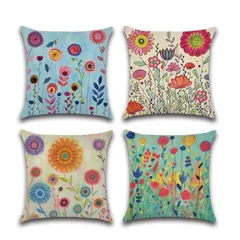 新品 YunJeude クッションカバー 40x40cm 4枚セット 北欧 幾何学模様 違う柄 リネン 亜麻 可愛い おしゃれ ファスナー モダン 家庭装飾 車 飾り 四季通用 インテリア ベッドルーム (花柄 40x40)