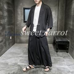 無地 上下セット 羽織り 作務衣 メンズ 夏 七分袖カーディガン 七分袖 花火大会 カジュアル 半纏 中国風 ゆったり 部屋着 祭り 長パンツ 半被  vii3y389439