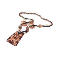 ペンダント ネックレス 民族風 木製 ビーズ ほっこり 贈り物 ギフト プレゼント 長四角編目