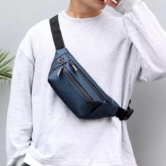 【新品】ナイロンコーティング ボディバッグ＜ブルー＞3WAY ウエストポーチ ウエストバッグ ワンショルダー オシャレ 軽量 防水 ポケット 財布 スマホ 止水ファスナー 反射パーツ 外出 ウォーキング カジュアル スポーツ ランニング ジョギング 青