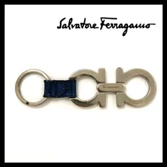 【Ferragamo】ダブルガンチーニ キーリング シルバー カラー ネイビー レザー キーホルダー Salvatore/サルヴァトーレフェラガモ (SER2156)