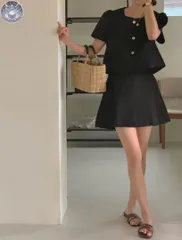 新品 未使用 半袖パフスリーブジャケット プリーツスカート セットアップ2ピース ブラック S