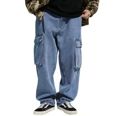 ブルー_XL [IAN-LIFE] ワイドパンツ メンズ デニムパンツ ジーンズ カーゴパンツ 大きいサイズ ジーパン ペインター おしゃれ