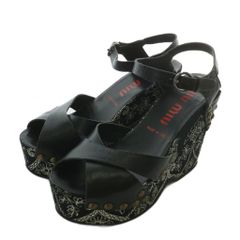 miu miu ブラックウェッジサンダル ミュウミュウ miumiu サンダル レザー オープントゥ ウェッジ