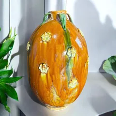 壺 [花柄] オレンジ 中国雑貨 フラワーベース 花瓶 花入れ 丸壺 花器 陶器 古美術 骨董品 アンティーク