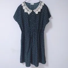 【earth music＆ecology】アースミュージックアンドエコロジー　ダークグリーン　М　ワンピース　フレアスカート　ドット柄　水玉　レースカラー　ガーリー