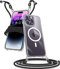 【在庫処分】iPhone 14 Pro 用 ケース Magsafe 対応 クリア ショルダー ストラップ アイフォン 14 Pro 耐衝撃 マグネット 透明 可愛い 紐付き いphone 14 プロ マグセーフ スマホケース TPU 軽量 薄型 米軍