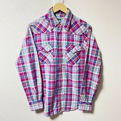 (^w^)b DENIM CHIC デニムシック 長袖シャツ チェック柄 スナップボタン ウエスタン 80's 90's ヴィンテージ レトロ ポップ カジュアル タウンユース ピンク×パープル紫×イエロー メンズ サイズM