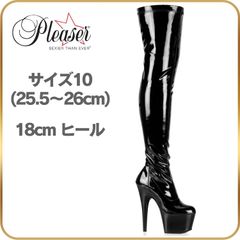 25.5 26 cm Pleaser プリーザー ニーハイブーツ サイハイブーツ 黒 ブラック エナメル ブーツ 厚底 18cm ヒール ピンヒール ポールダンス コスプレ ハイヒール ストレッチ 18センチ ヒール 靴 ADORE-3000