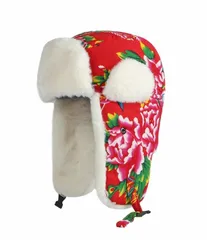 パイロットキャップ 民族風 大花柄 ロシア帽子 防風 防寒 耳あて付 ロシア帽 57cm RD 冬 RC25-3