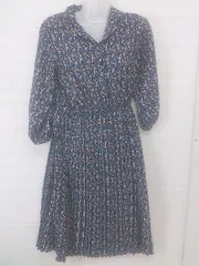 ◇ HOLIDAY HOLIC 花柄 ウエストゴム 長袖 膝下丈 プリーツ ワンピース サイズ M ネイビー マルチ レディース E  【1305090009025】