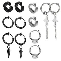 【新着商品】フェイクピアス メンズ ピアス セット イヤリング 穴不要 イヤーカフ シンプル 十字架 オシャレ メンズ レディース ユニセックス ピアス 両耳用 金属アレルギー対応 シルバー 黒 6ペア12個セット 収納ケース付き