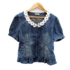 レストローズ L'EST ROSE デニムジャケット ジージャン Gジャン ノーカラー 半袖 花柄レース レースアップ 2 M 青 ブルー /HO32