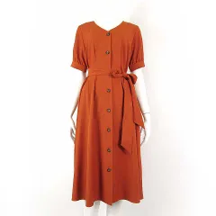 ワンウェイ one way ワンピース シャツワンピース ロング 半袖 ウエストリボン ストレッチ F テラコッタ タグ付 美品