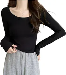 G-tiamo ジーティアモ 長袖 Tシャツ ショート丈 レディース カットソー トップス フィット カワイイ おしゃれ 韓国 インナー(ブラック,  M)