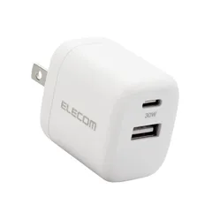エレコム USB-C 充電器 USB PD対応 30W 2ポート (Type-C + USB-A) 小型 軽量 [PD3.0対応/Gan採用/折りたたみ式プラグ] 【iPhone/iPad/Macbook Air/Surfac [ホワイト] [1)充電器単体]