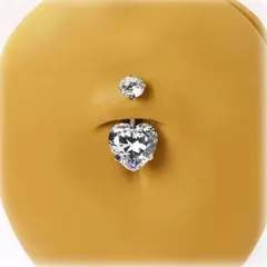 大粒　ダブル立爪クリアハート　へそピアス　ボディピアス　イヤーロブ　金属アレルギー対応　ヘソピアス バー短いタイプあり　バー8mm/10mm 　BN201