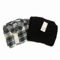 ユニクロ UNIQLO タグ付き 2点セット ローゲージリブクルーセーター ニット フランネルシャツ チェック柄 長袖 L 黒 ブラック グレー /FT
