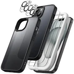 JETech 5 in 1 iPhone 15 6.1インチ用 マットケース 2枚強化ガラスフィルム+2枚カメラレンズフィルム付き 5枚セット 半透明背面 耐衝撃スマホカバー (ブラック)