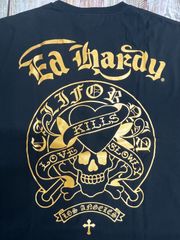 58.Ed Hardy/エドハーディー/プリント/ポケット付きビッグTシャツ/ブラックxゴールド/3Lサイズ/訳あり/新品未使用