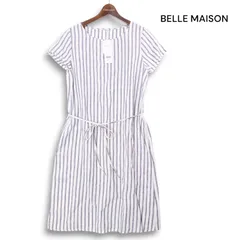 未使用★ BELLE MAISON ベルメゾン 春夏★ 麻100% 半袖 ストライプ リネン サマー ワンピース ドレス Sz.M レディース