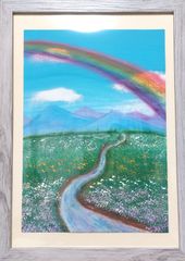 風景画　アクリル画　クレパス　A4　虹　山　川　花畑　のどかな　田舎の風景　青空