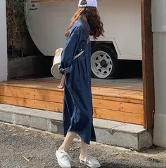 デニムワンピース ロングシャツワンピース レディース 体型カバー ゆったり カジュアル 大きめサイズ 春 秋 冬 羽織り 低身長 高身長 [1078]