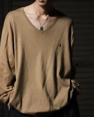 1990s Polo by Ralph Lauren Pima cotton knit super oversized ラルフローレン 90s 刺繍ロゴ ピマコットン 超ルーズ オーバーサイズ ハイゲージ ニット セーター ベージュ系 XXL