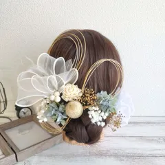 ヘッドドレス 髪飾り＊結婚式 成人式 卒業式 和装 打掛 振袖 袴~ホワイトボリュームリボン ダリア~ブルーグリーン 青 20本