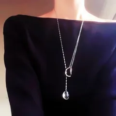 ステンレス 大ぶり ヴィンテージ ハンドメイド チョーカー ネックレス シルバー メタル 変形 フープ リング 2種 チェーン 1連 2連 ハーフ アイス ブルー オーバル ガラス チャーム ロング