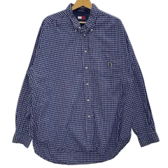 90's vintage TOMMY HILFIGER 90年代 トミーヒルフィガー ギンガムチェック ヴィンテージ 長袖 シャツ ボタンダウン ワンポイント刺繡 オーバーサイズ ビッグシルエット インド製 XLサイズ ブルー ホワイト