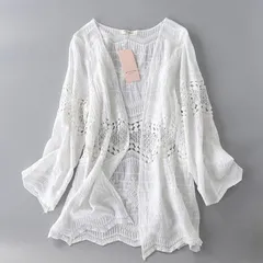 トップス カーディガン ミディアム丈 長袖 ラウンドネック 前開き 刺繍 透かし編み 薄手 透け感 かわいい 大人可愛い きれいめ シンプル 上品 おしゃれ かっこいい レトロ こなれ感 個性的 主役級 存在感 抜け感 春 夏 ガーリー キュート ナチュラル 
