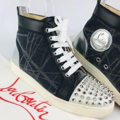 Christian Louboutin・クリスチャン ルブタン ★レディース レザー切替し スパイクスタッズ メタルアイコンロゴワッペン付 ハイカットスニーカー（36）