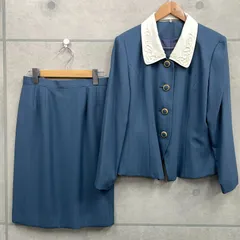 レア 昭和レトロ バブリースーツ スカートスーツ セットアップ 13AR M~Lサイズ相当 ブルー系 金ボタン 2WAY 付け襟 刺繍襟 着脱可 ノーカラー old オールド ヴィンテージ vintage アンティーク